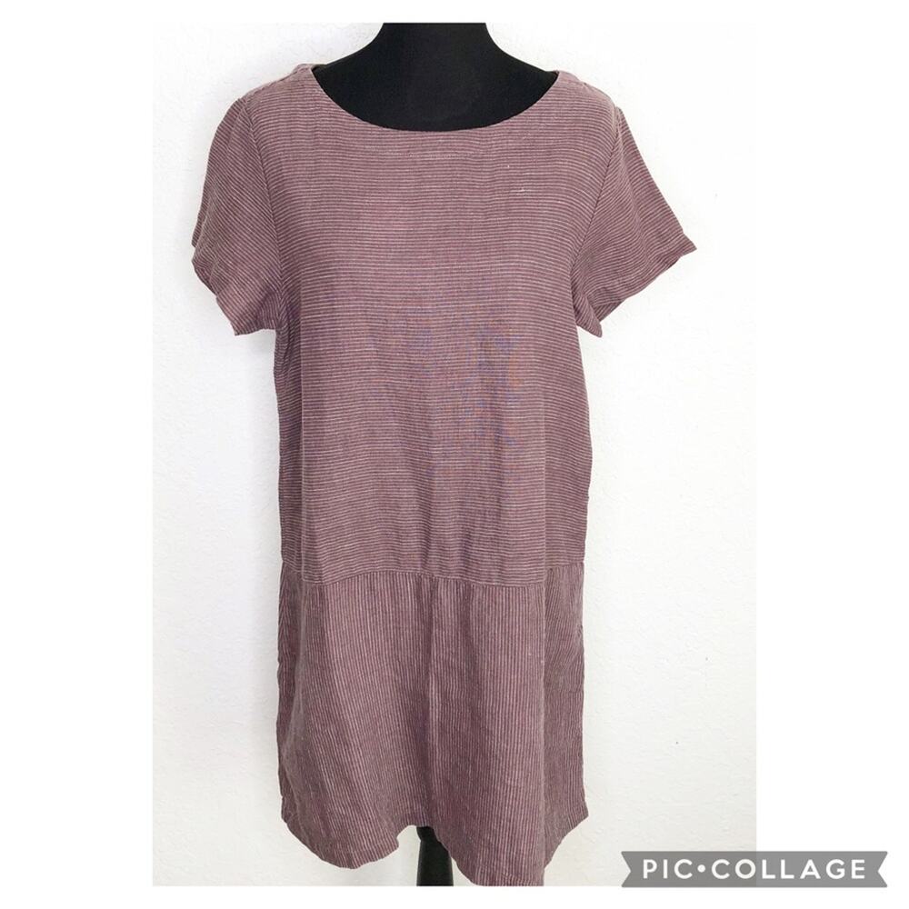 Garnet Hill purple‎ white striped linen shift dress size 10
